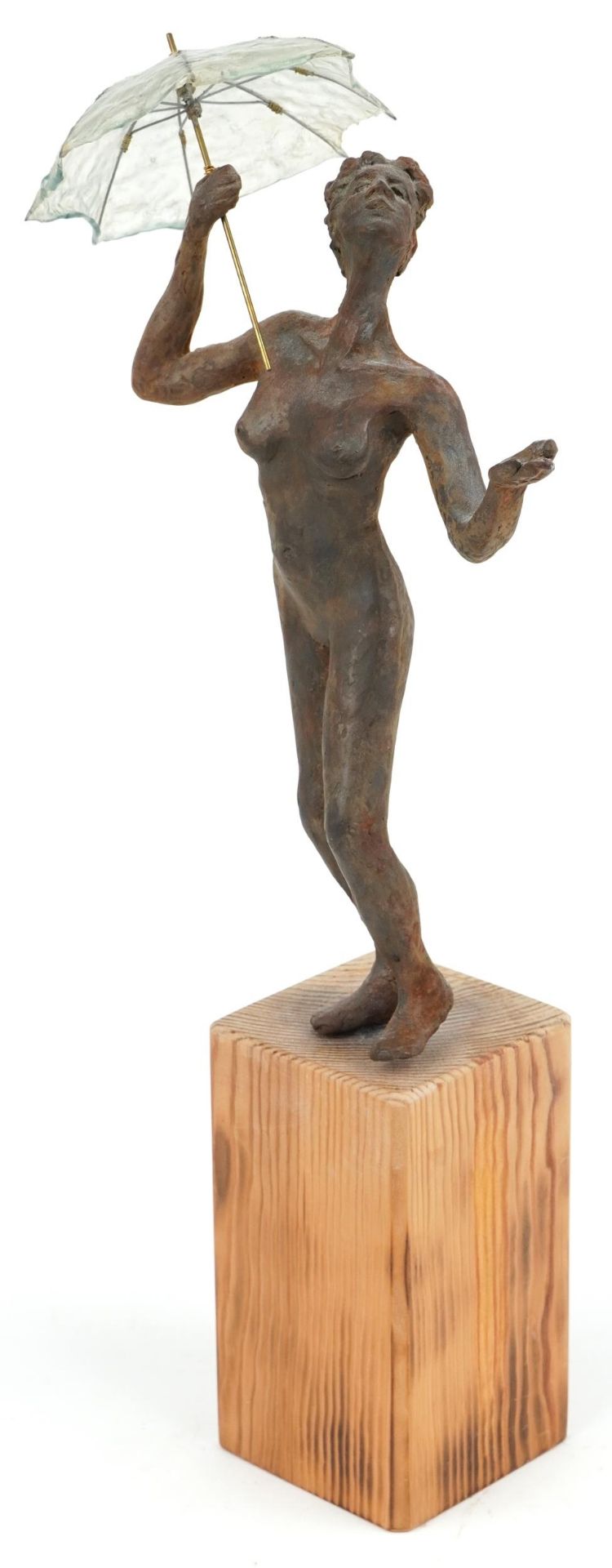 Neil Wilkinson, contemporary Brutalist cast resin sculpture of a nude female holding an umbrella