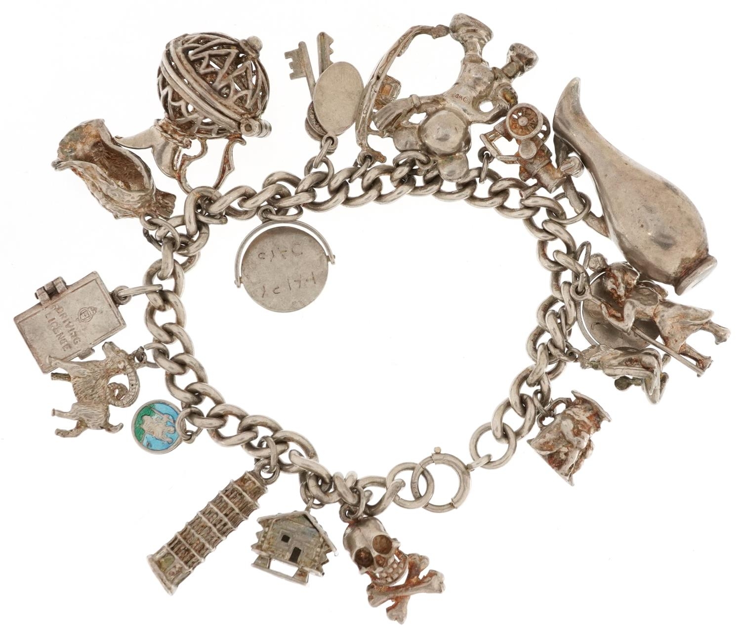 Silver charm bracelet with a collection of mostly silver charms including Mickey Mouse, Leaning - Image 2 of 2