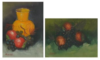 V La Sala - Still life fruit and vessels, pair of Spanish school oils, mounted, framed and glazed,