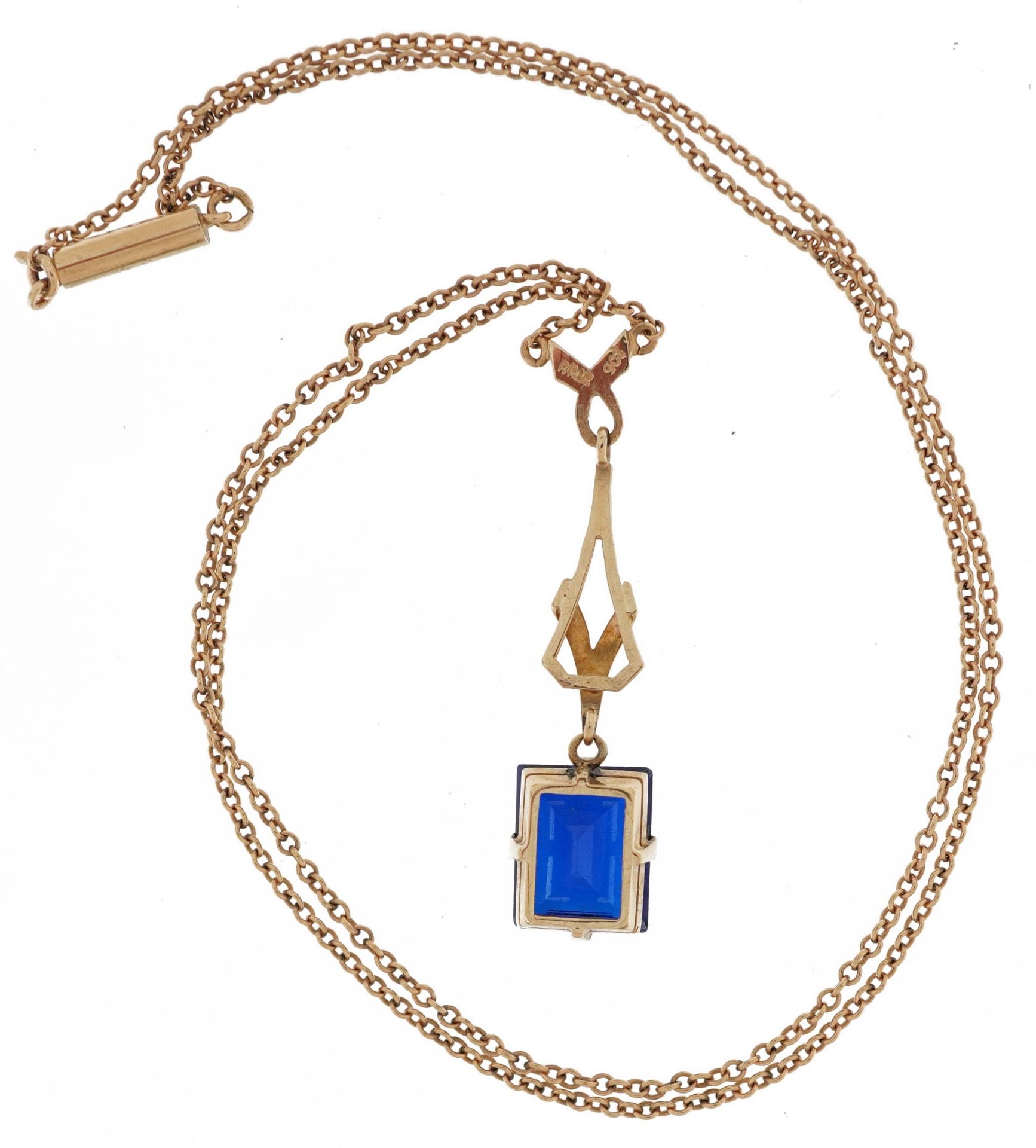 9ct gold blue spinel pendant on a 9ct gold necklace, 42cm in length, total 3.8g - Image 3 of 4