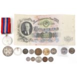 British and world coinage and notes together with a World War II Defence medal
