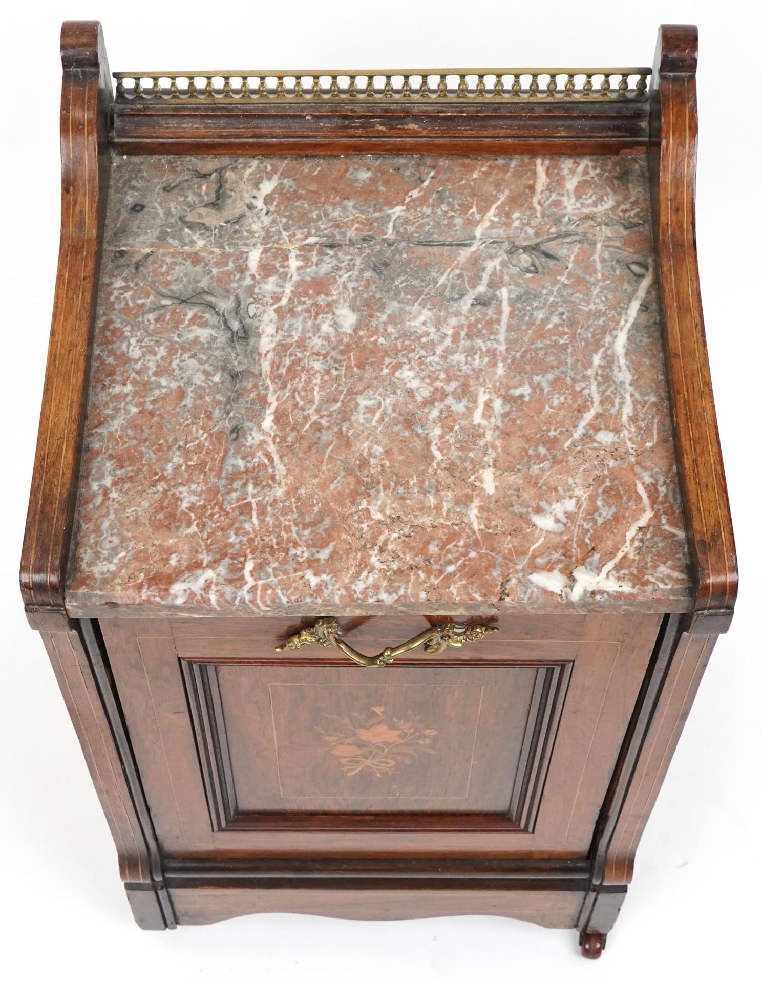 Victorian inlaid rosewood coal scuttle with marble top and brass mounts, 64cm H x 36cm W x 33.5cm D - Image 4 of 5