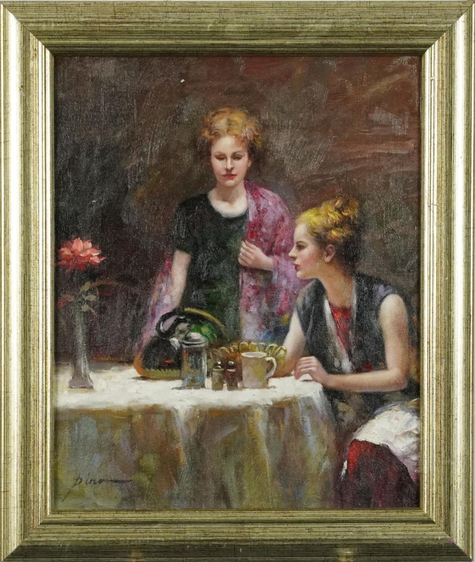 After Pina Daeni - Two females in an interior, Italian school oil on board, framed, 34cm x 27.5cm - Bild 2 aus 5