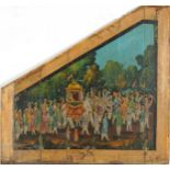 19th century Indian wood panel hand painted with a procession and mahout, 72.5cm x 68cm