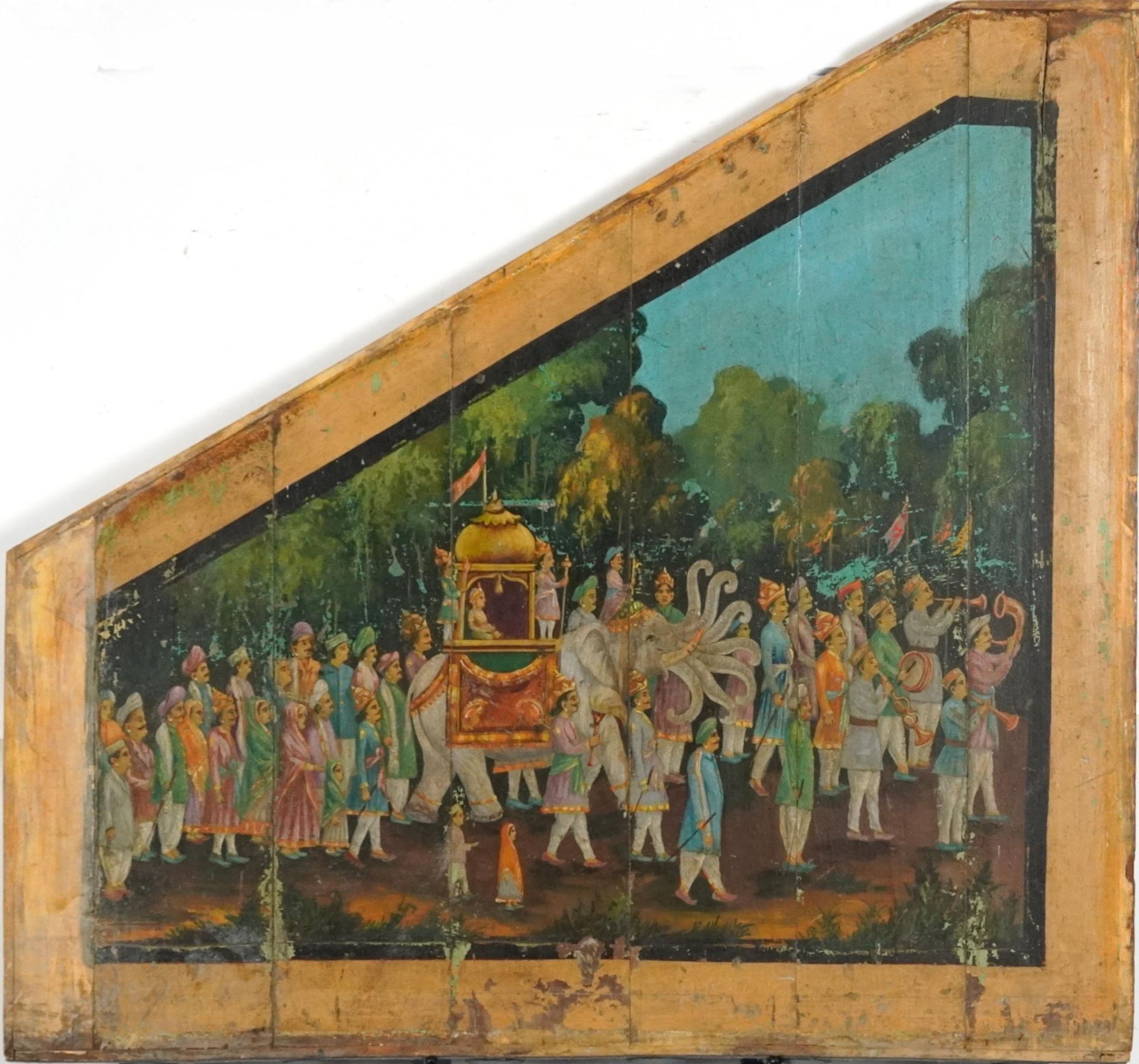 19th century Indian wood panel hand painted with a procession and mahout, 72.5cm x 68cm