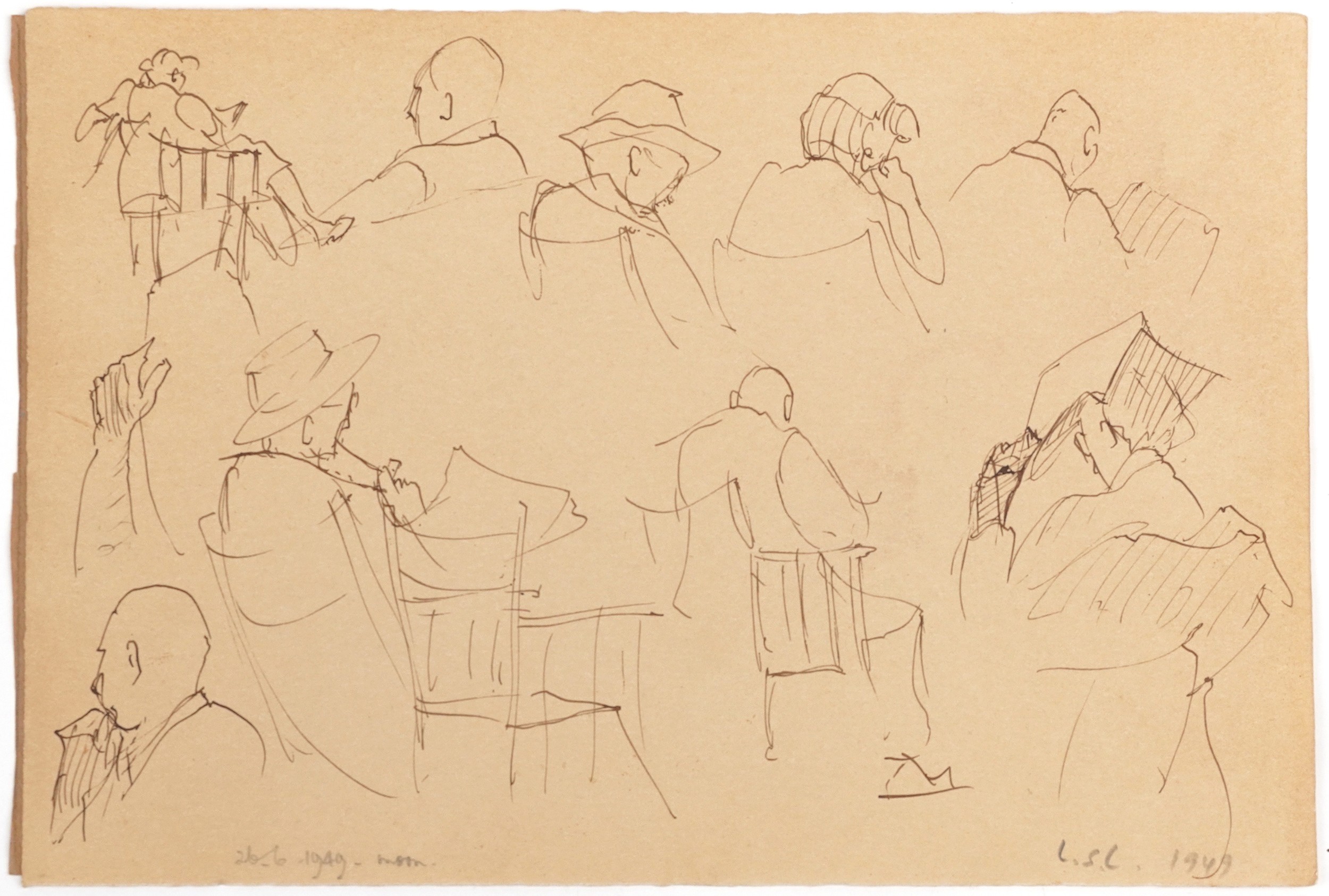 Attributed to Laurence Stephen Lowry - Figures and trees, Five ink sketches onto sketch book leaves, - Image 18 of 21