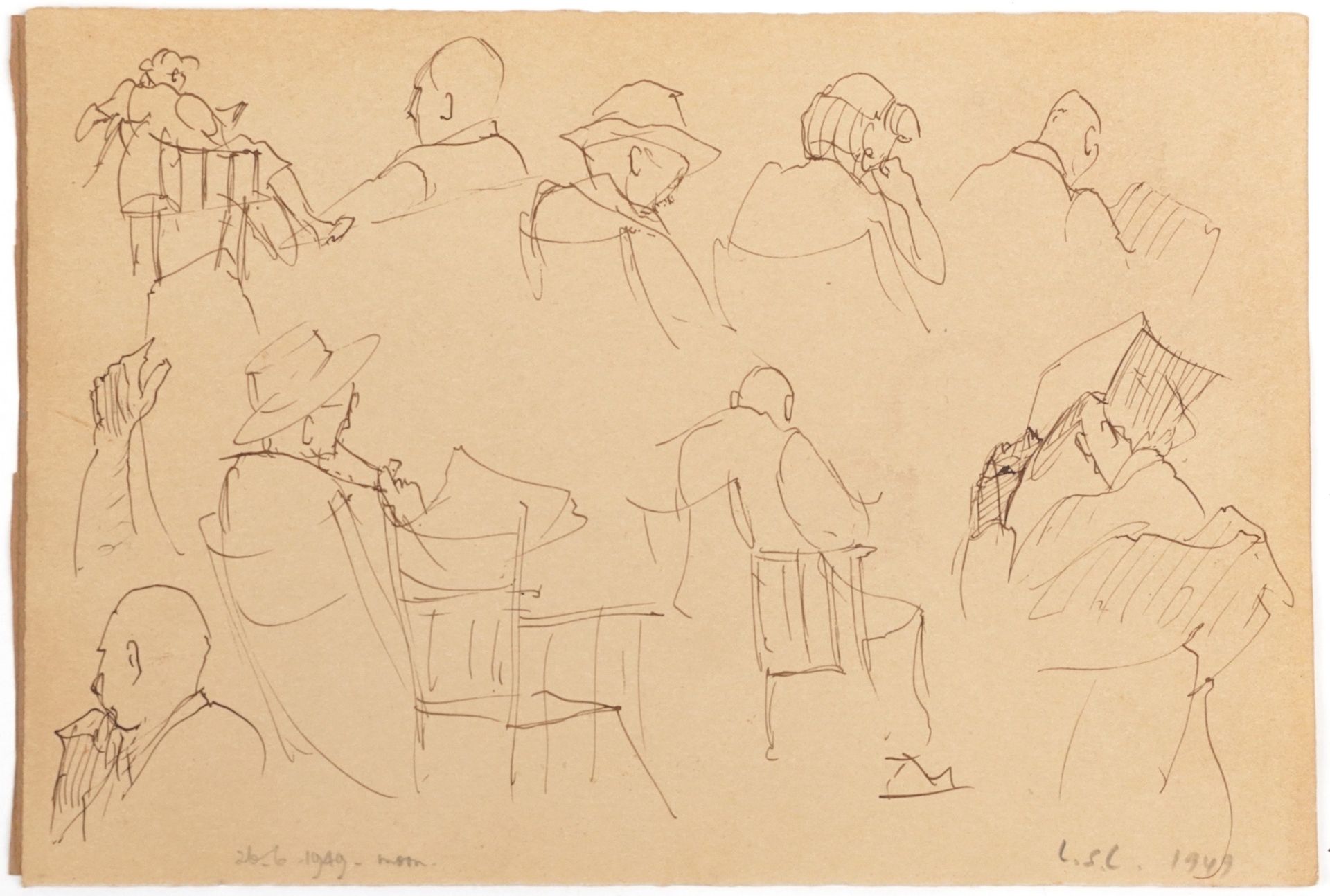 Attributed to Laurence Stephen Lowry - Figures and trees, Five ink sketches onto sketch book leaves, - Bild 18 aus 21