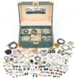 Vintage and later costume jewellery including brooches, enamelled badges, gold plated necklaces,