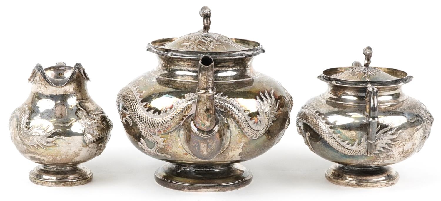 Chinese export silver and three piece tea service having simulated bamboo handles embossed with - Image 5 of 8