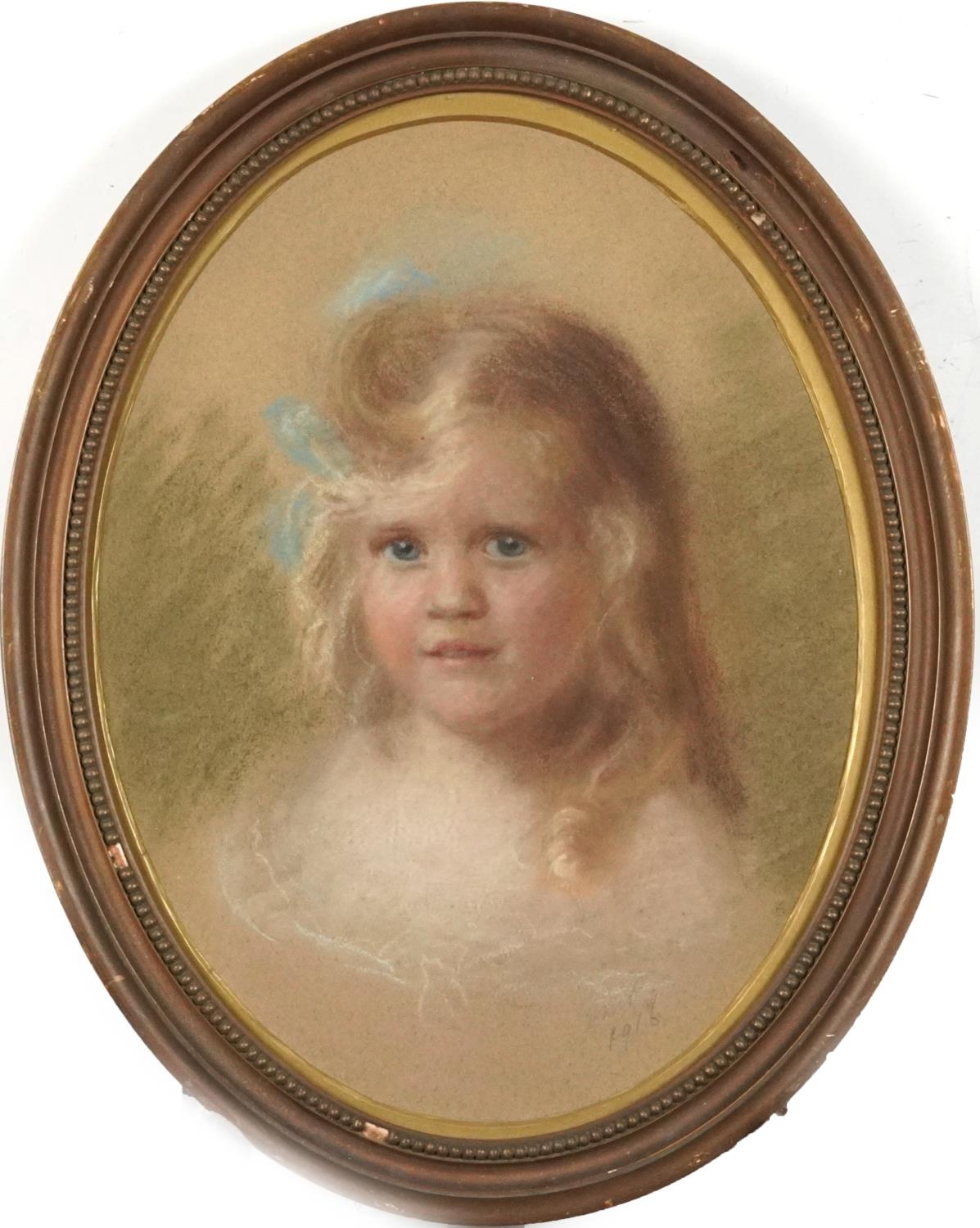 Top half portraits of a mother and daughter, pair of early 20th century oval pastels, one signed - Image 3 of 8