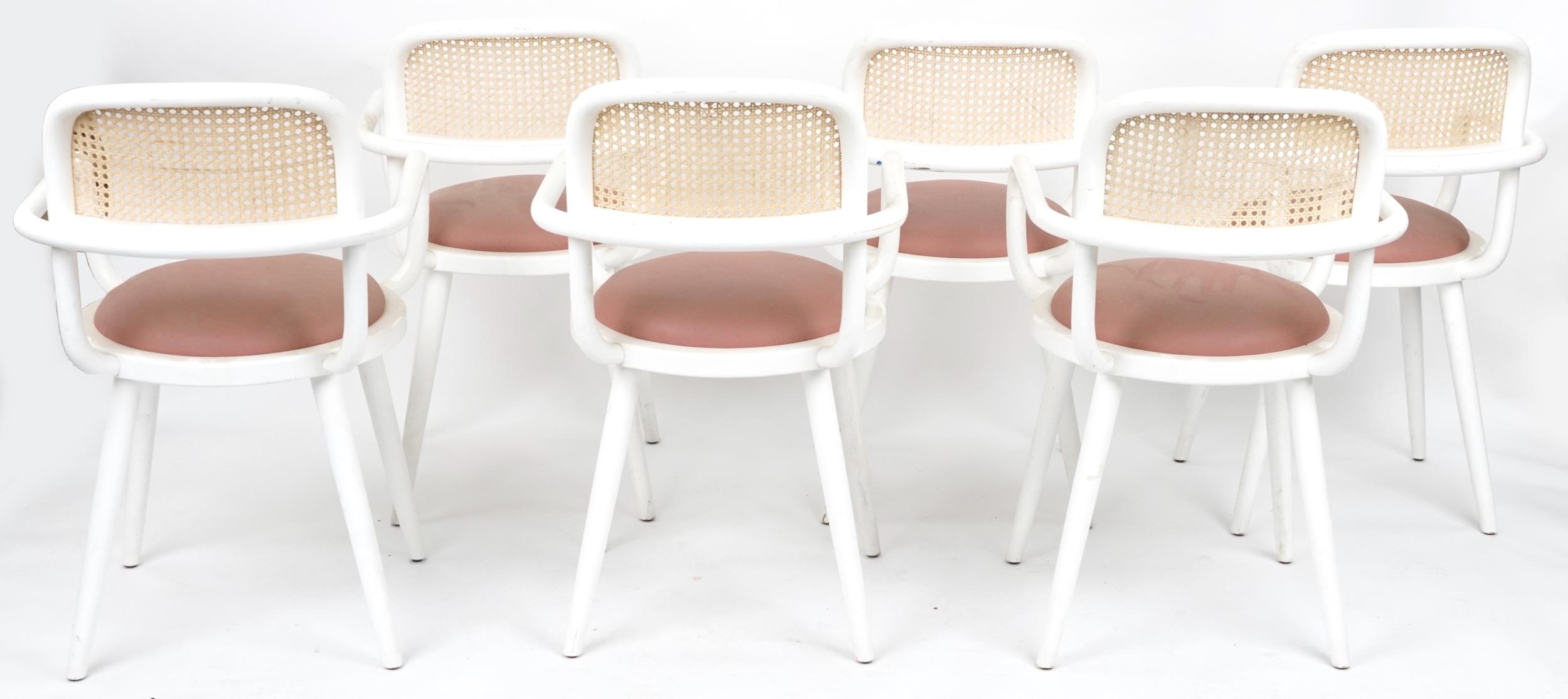 Set of six Italian bentwood bistro chairs with cane backs and salmon upholstered cushioned seats, - Image 3 of 3