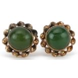 Pair of 18K gold cabochon green jade stud earrings, each 10mm in diameter, total 2.2g