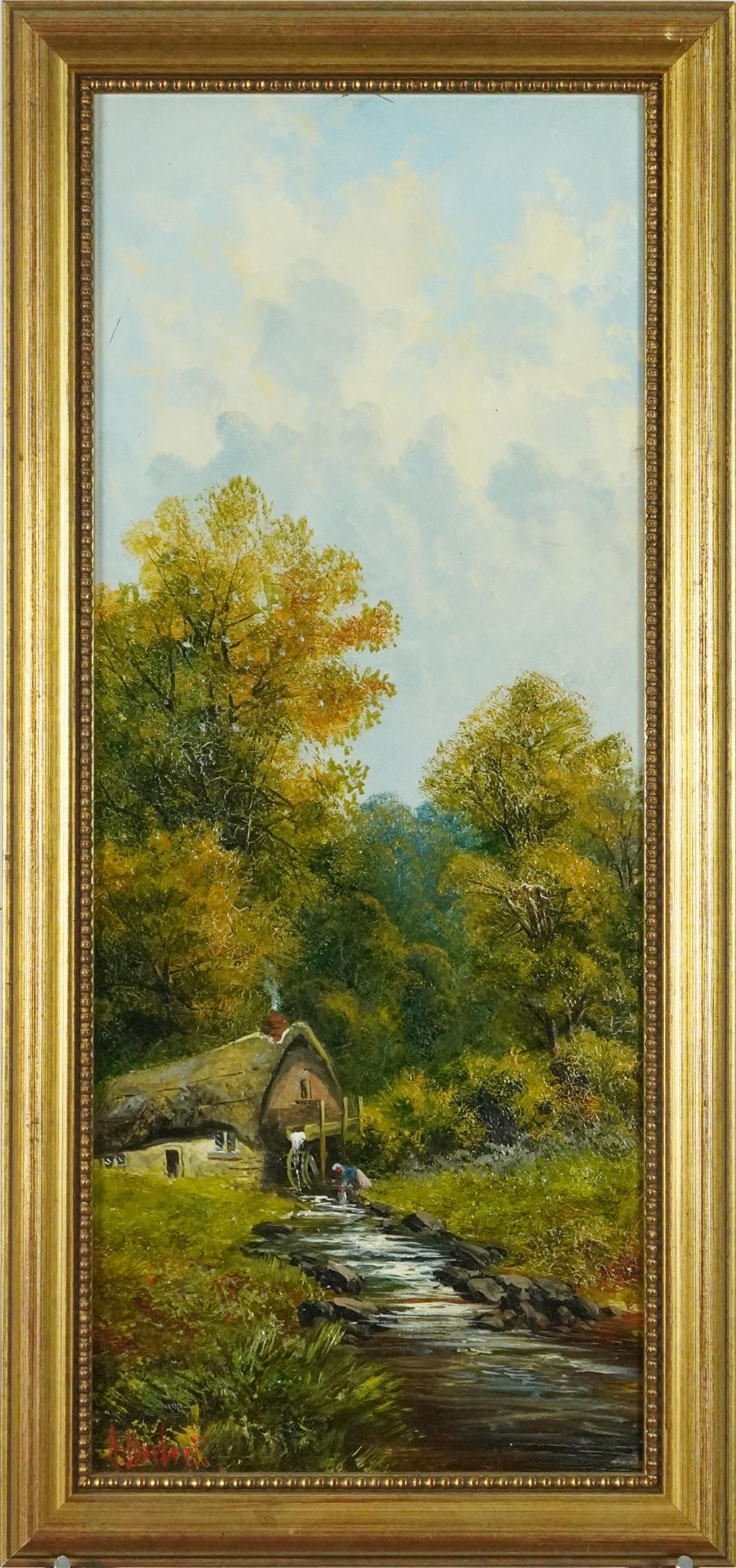 A Herbert - Rural landscapes with streams, pair of Victorian school oil on boards, mounted and - Image 9 of 12