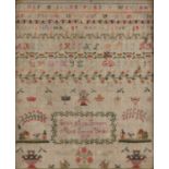 Early Victorian needlework sampler worked by Ellen Ann Grover aged seven years, dated 1839, framed