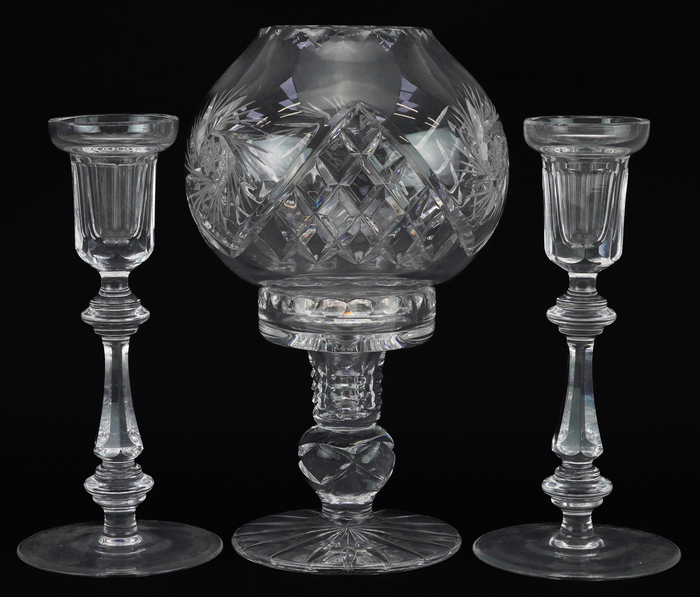 Three cut glass candlesticks comprising one with globular shade and a pair of Curraghmore examples - Image 2 of 3
