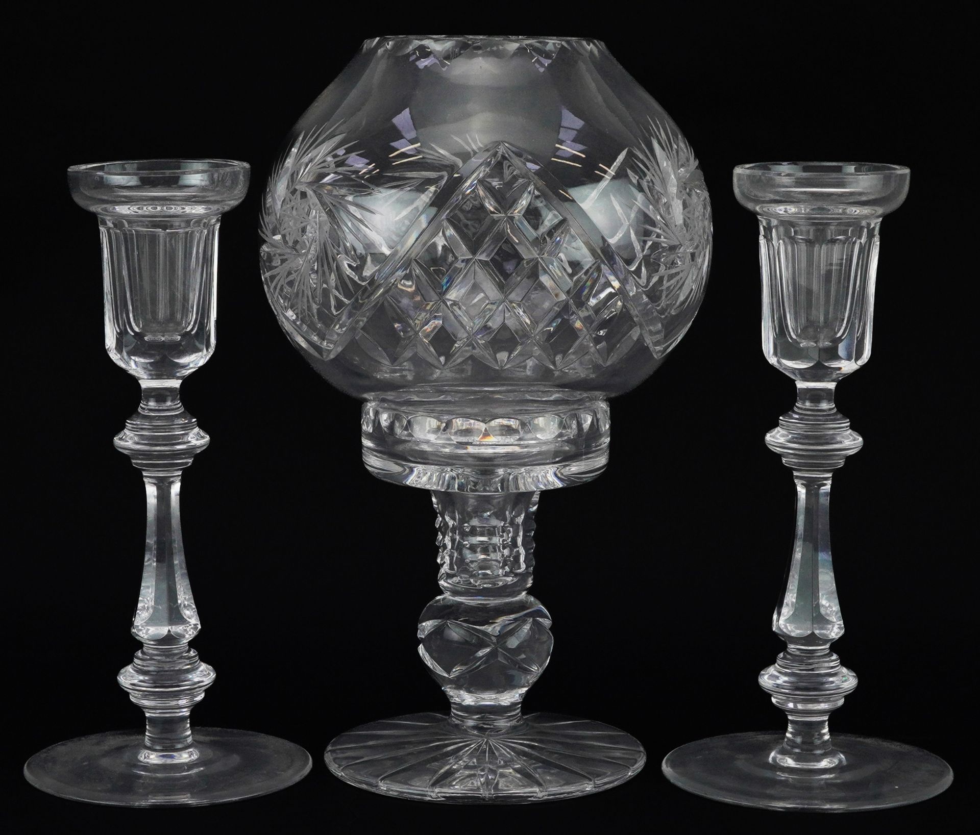 Three cut glass candlesticks comprising one with globular shade and a pair of Curraghmore examples - Image 2 of 3