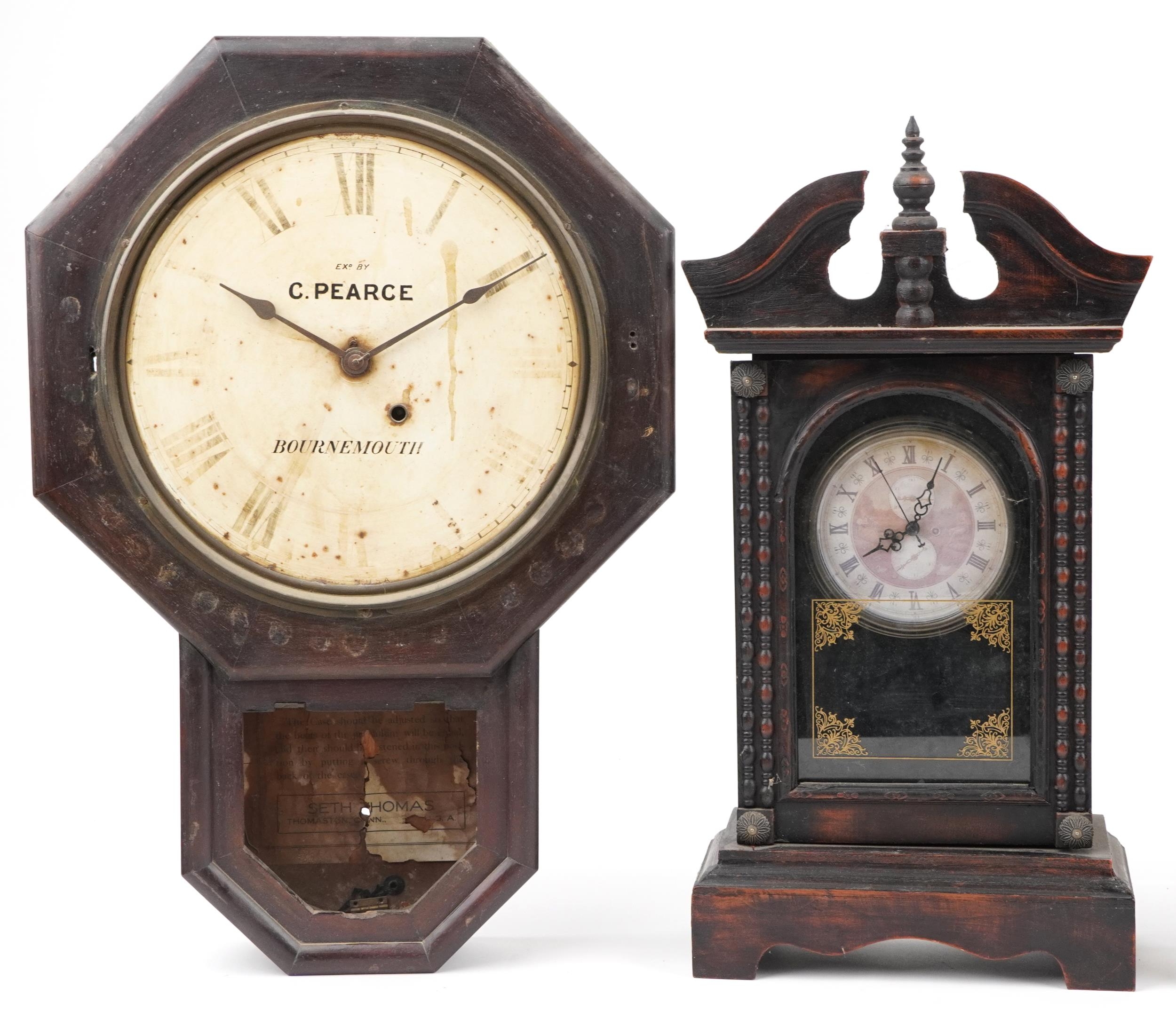 Four clocks including two American wall examples, one having circular dial and inscribed Examined by - Image 2 of 4