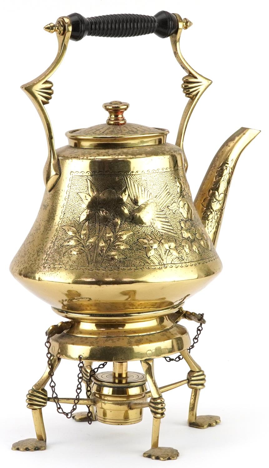 European Secessionist brass teapot on stand with burner, engraved and embossed with birds amongst - Image 2 of 3
