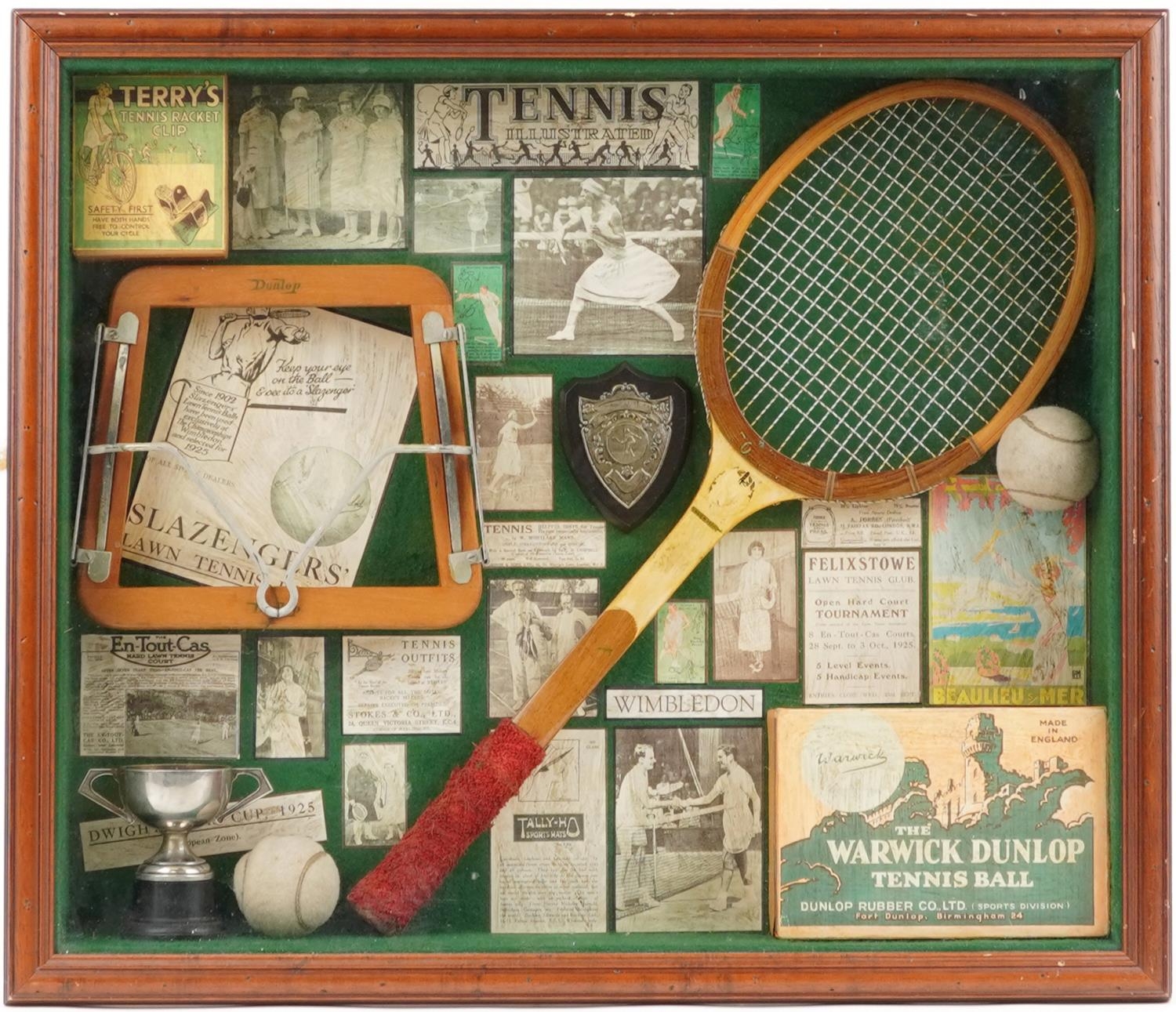 Sporting interest glazed mahogany wall hanging tennis diorama, overall 71cm x 61cm