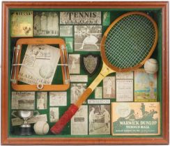Sporting interest glazed mahogany wall hanging tennis diorama, overall 71cm x 61cm
