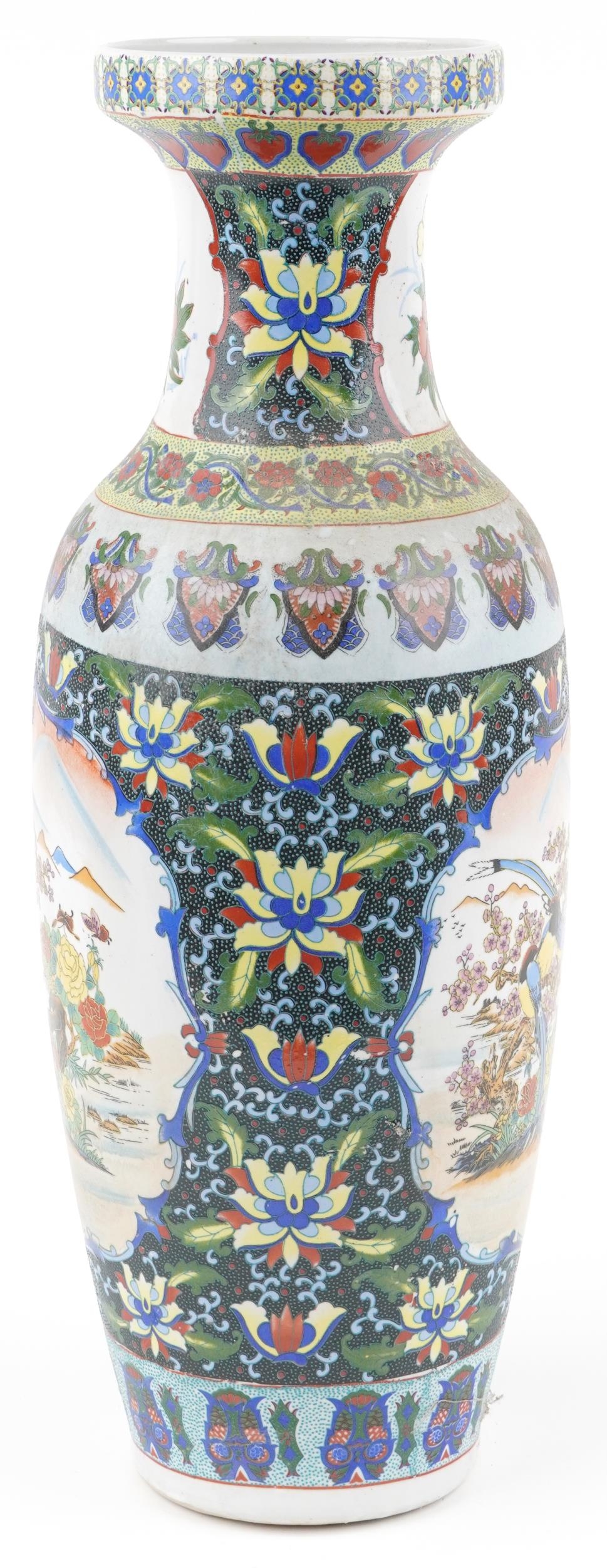 Large Chinese porcelain vase decorated with birds of paradise amongst flowers in landscapes, 62cm - Image 4 of 6