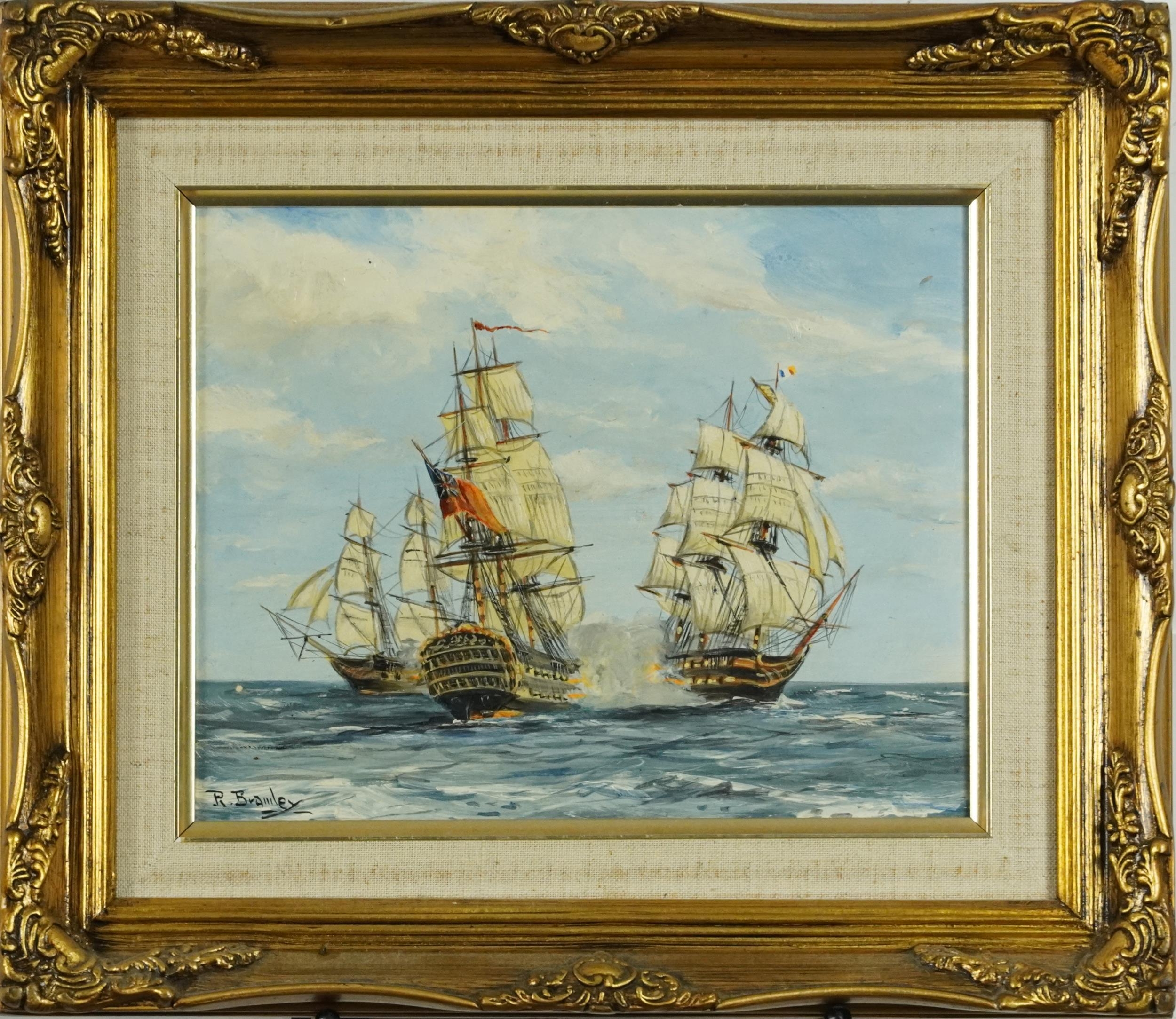 Men-O-War, three naval interest oil on boards including two signed R Bramley and Winson, each - Image 3 of 14