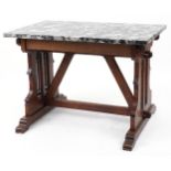 Victorian Gothic oak table with rectangular marble top in the manner of Pugin, 77cm H x 110cm W x