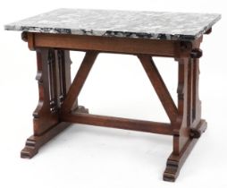 Victorian Gothic oak table with rectangular marble top in the manner of Pugin, 77cm H x 110cm W x
