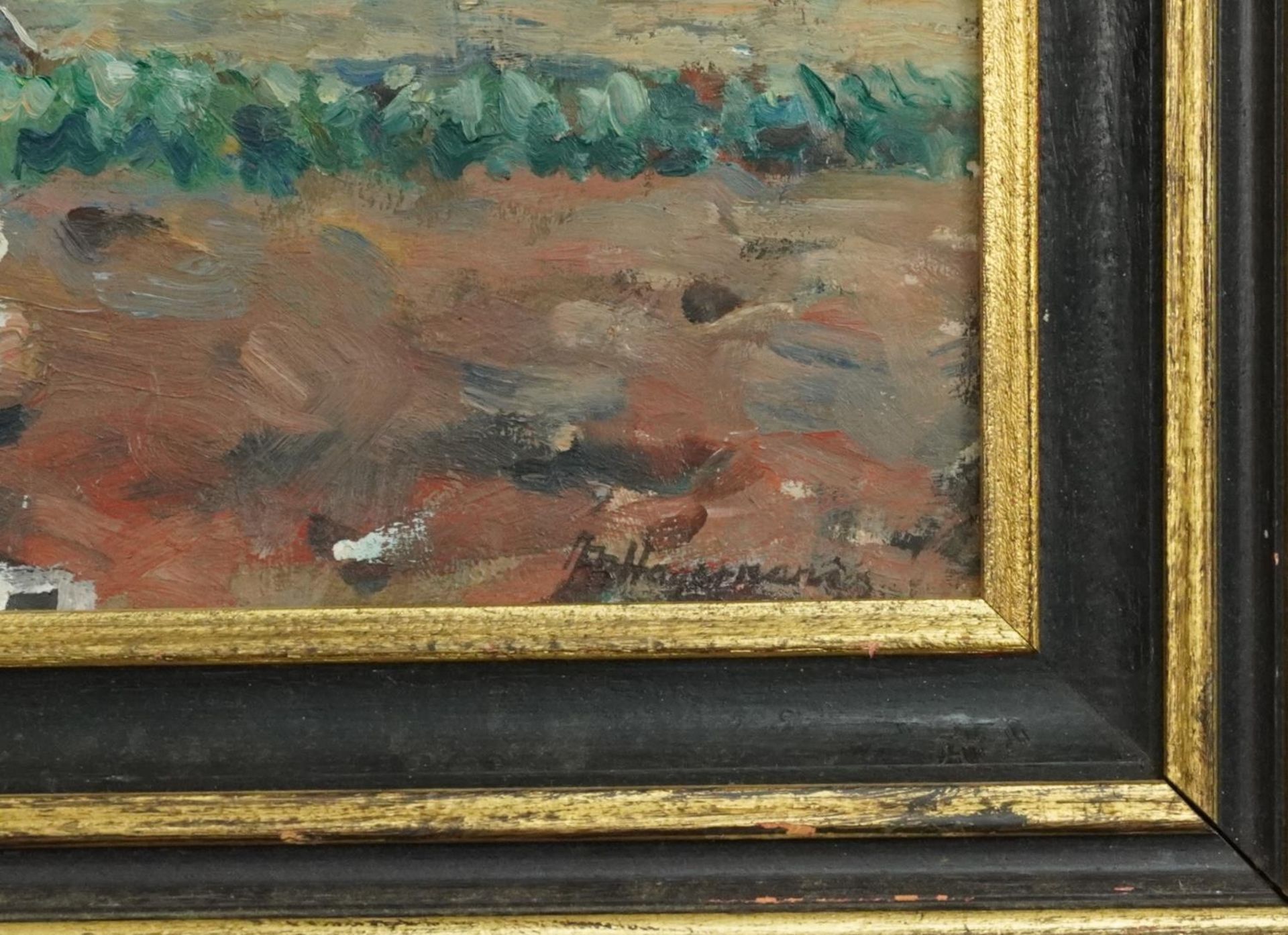 Manner of Maurice Hagemans - Harvest Time, European Impressionist oil on board, inscribed verso, - Image 3 of 6