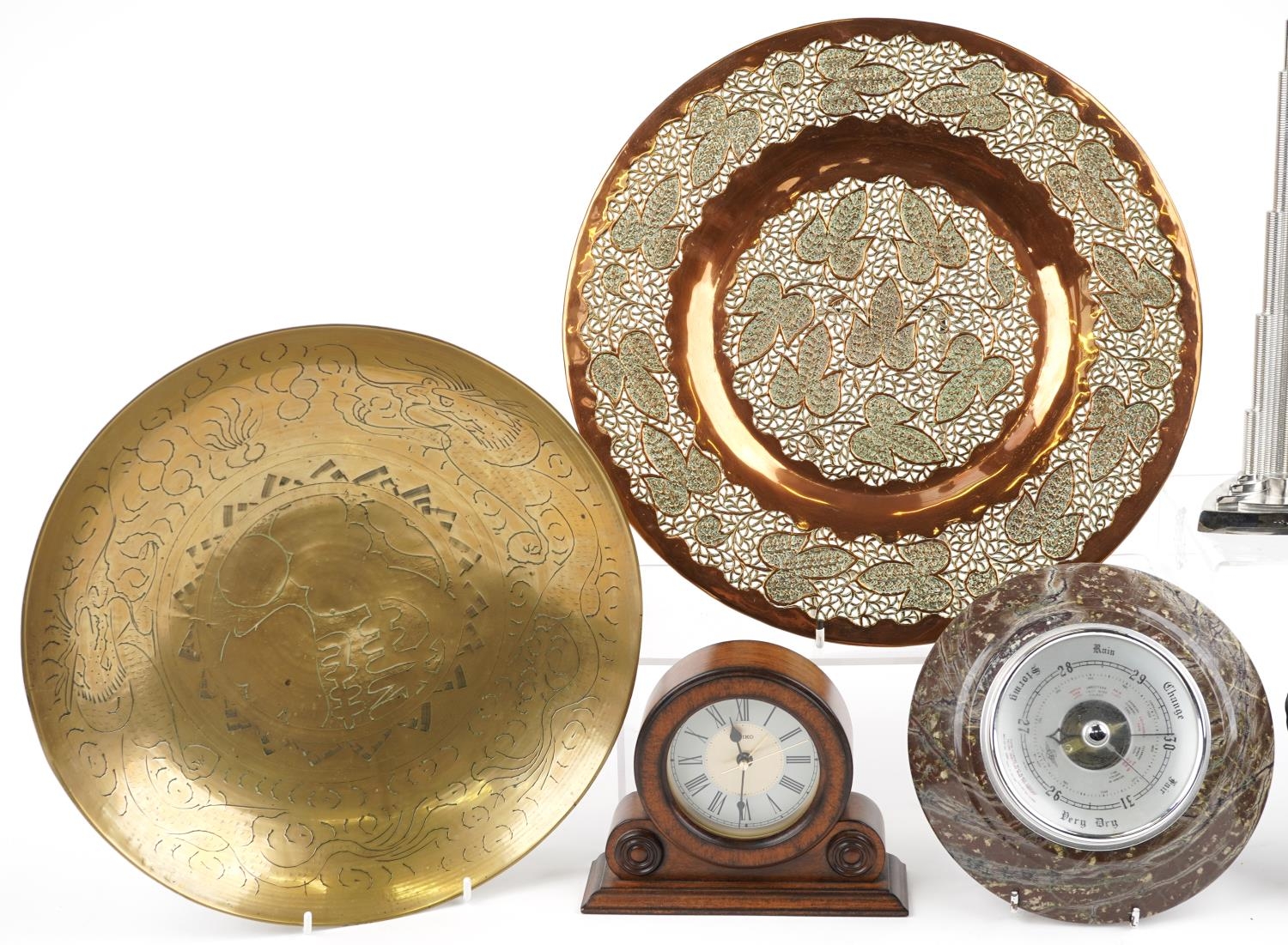 Sundry items including a chrome sculpture of the Burj Khalifa, Chinese brass plate, Indian pierced - Image 2 of 3