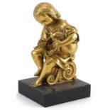 19th century gilt bronze statuette of a young musician playing an instrument, raised on a