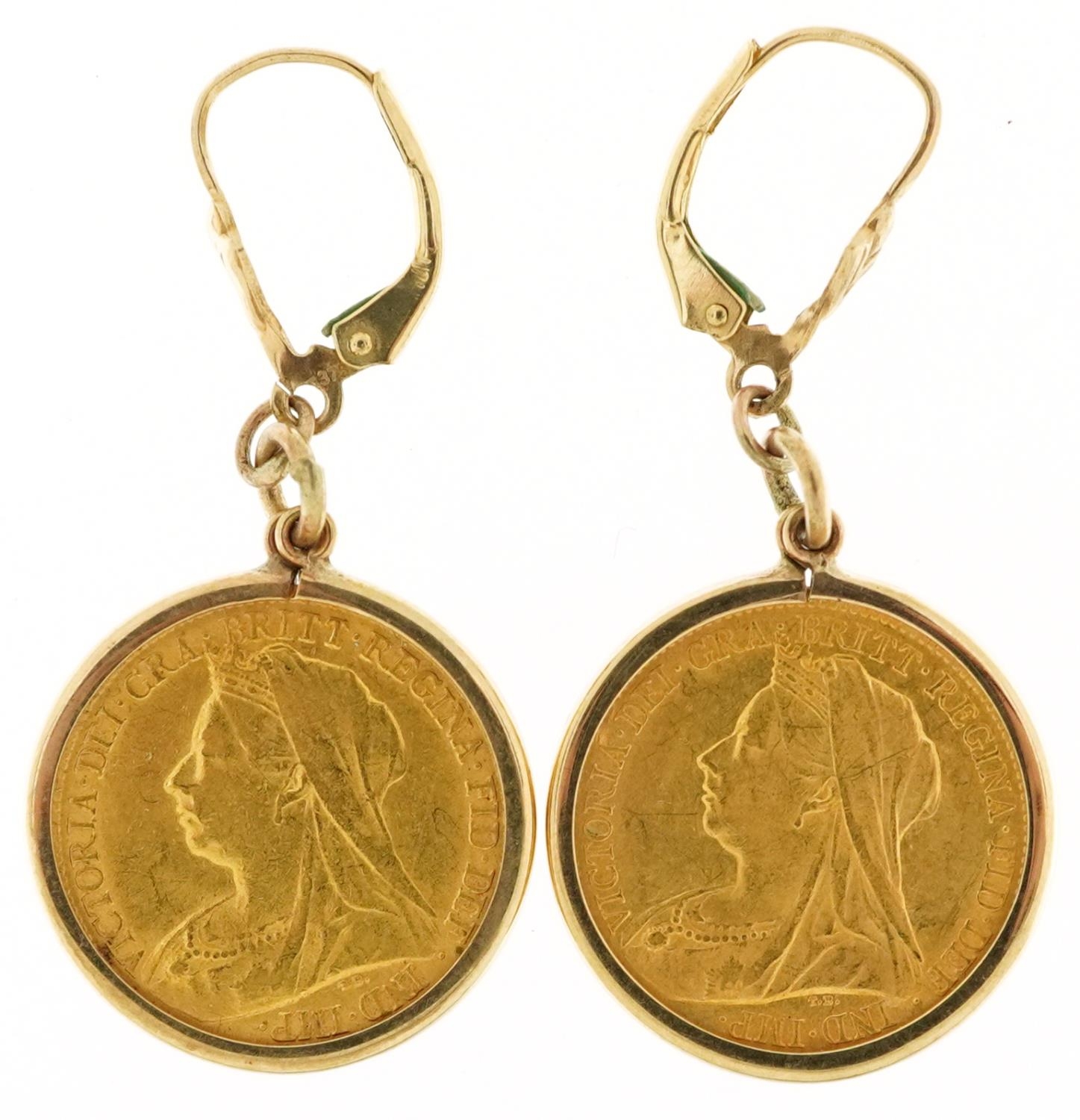 Pair of Queen Victoria 1899 gold half sovereigns housed in 9ct gold earring mounts, total 10.2g - Image 2 of 3