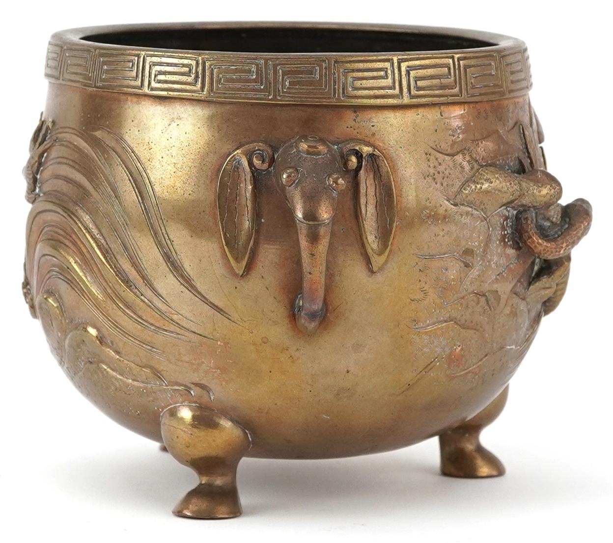 Japanese patinated bronze three footed censer with twin handles decorated in relief with serpents - Image 4 of 7