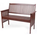 Stained teak slatted garden bench, 89cm H x 118.5cm W x 58cm D