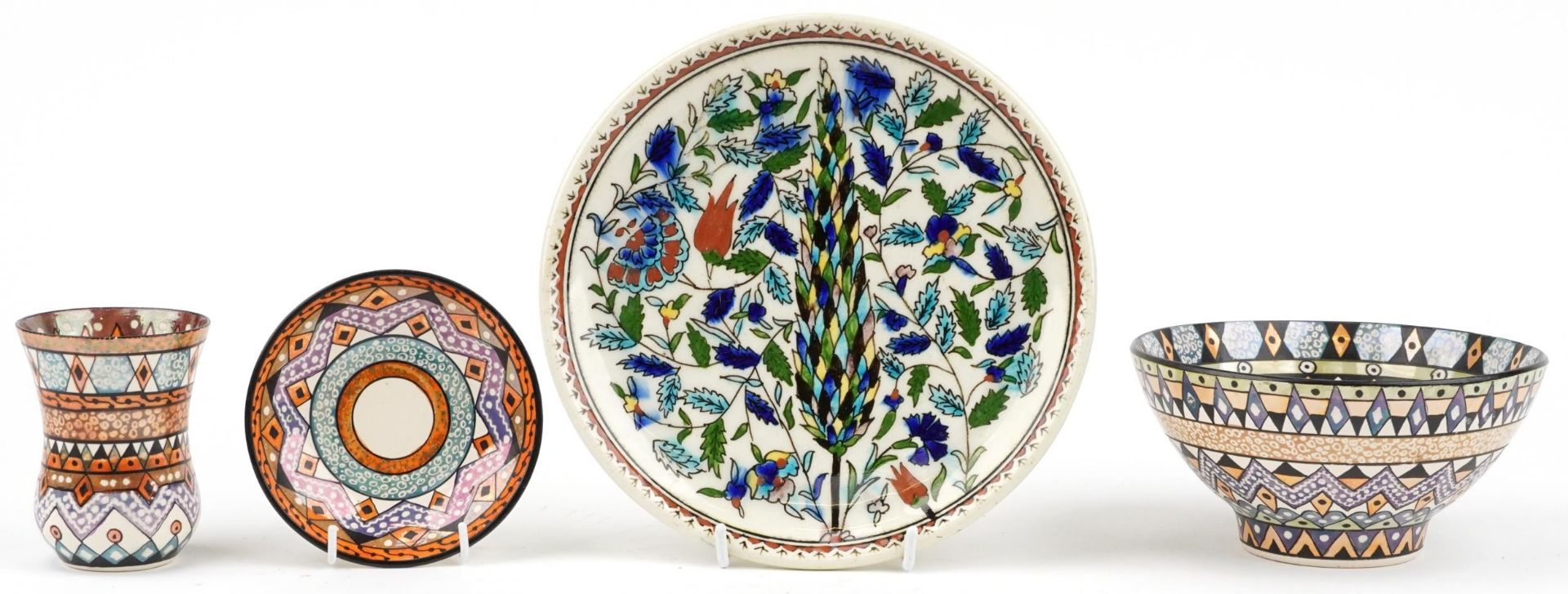 Turkish Kutahya wall plate hand painted with flowers and ceramics from Azerbaijan comprising bowl,