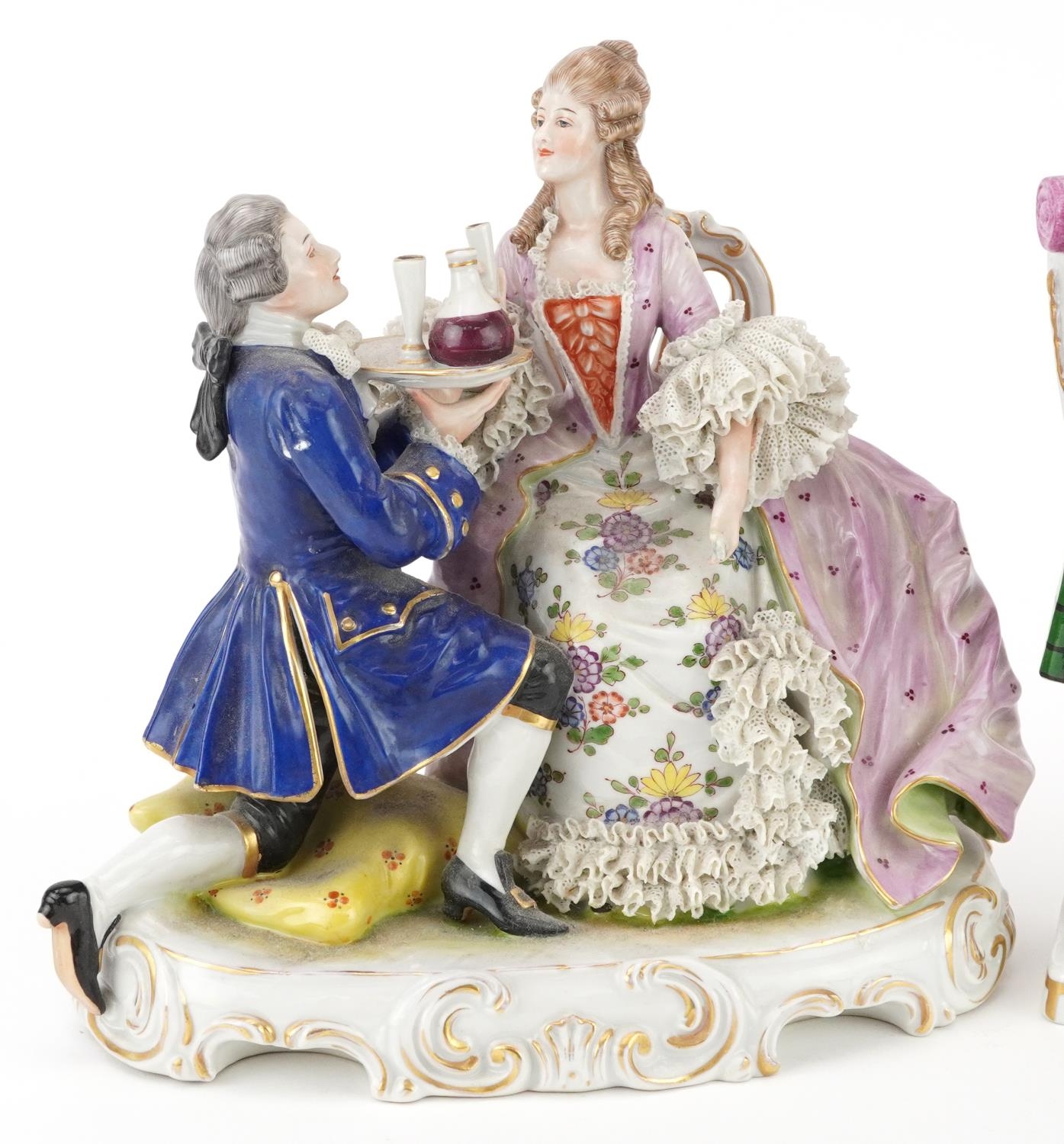 Continental porcelain comprising a Neapolitan lace figure group of a female and waiter and two - Image 2 of 5