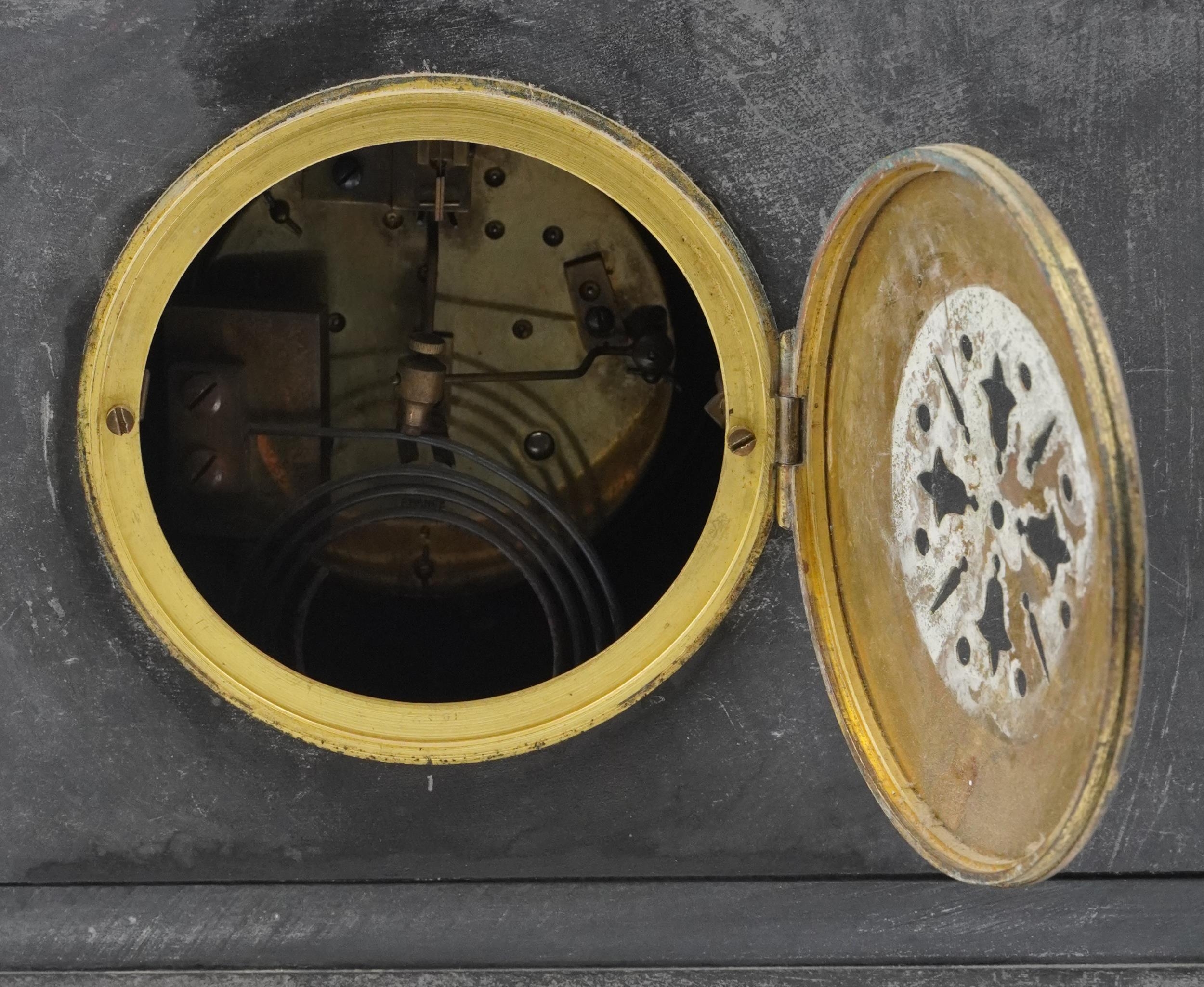 19th century French black slate architectural mantle clock with silvered chapter ring having - Image 3 of 3