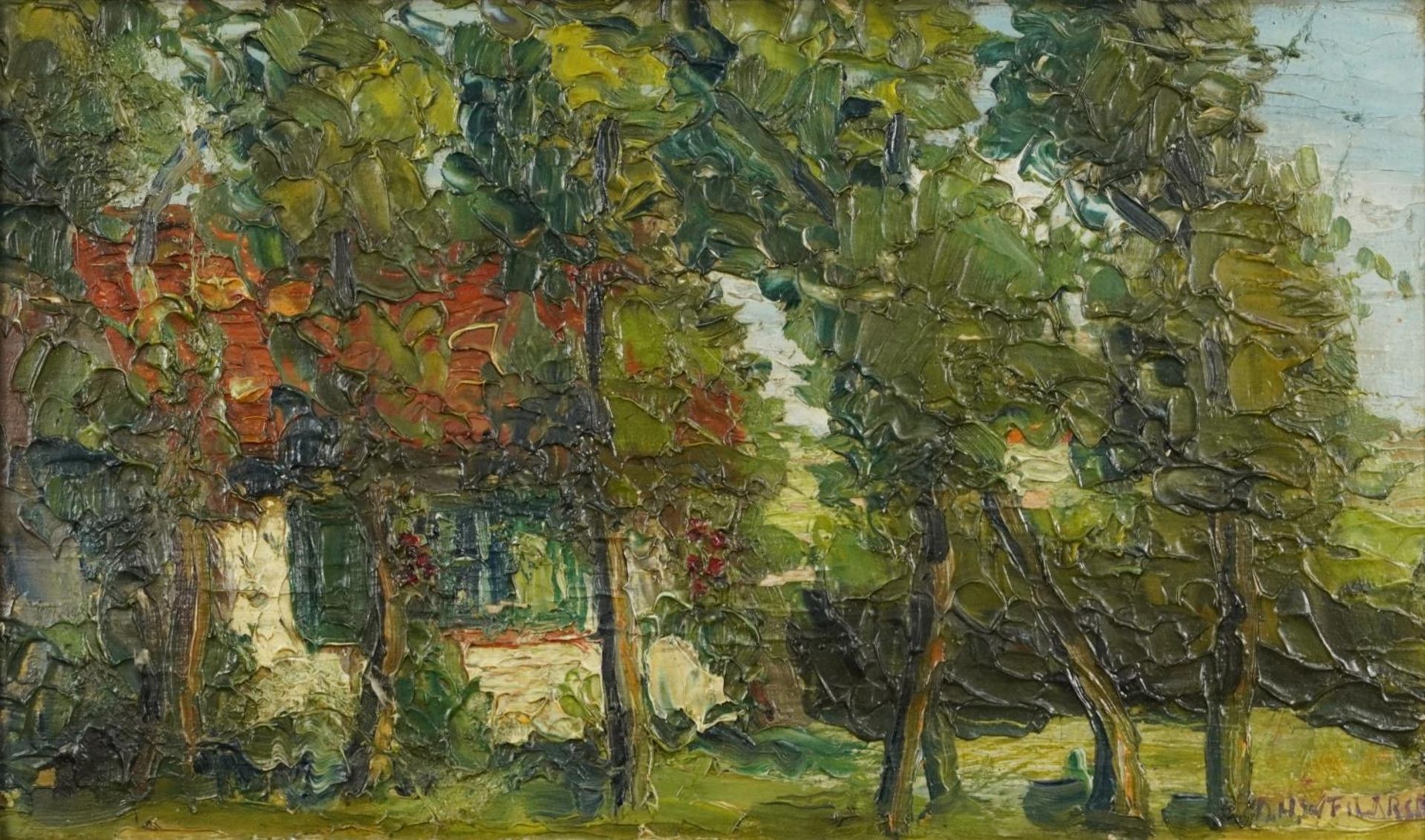 Woodland, Impressionist impasto oil on board bearing an indistinct signature, possibly D H W