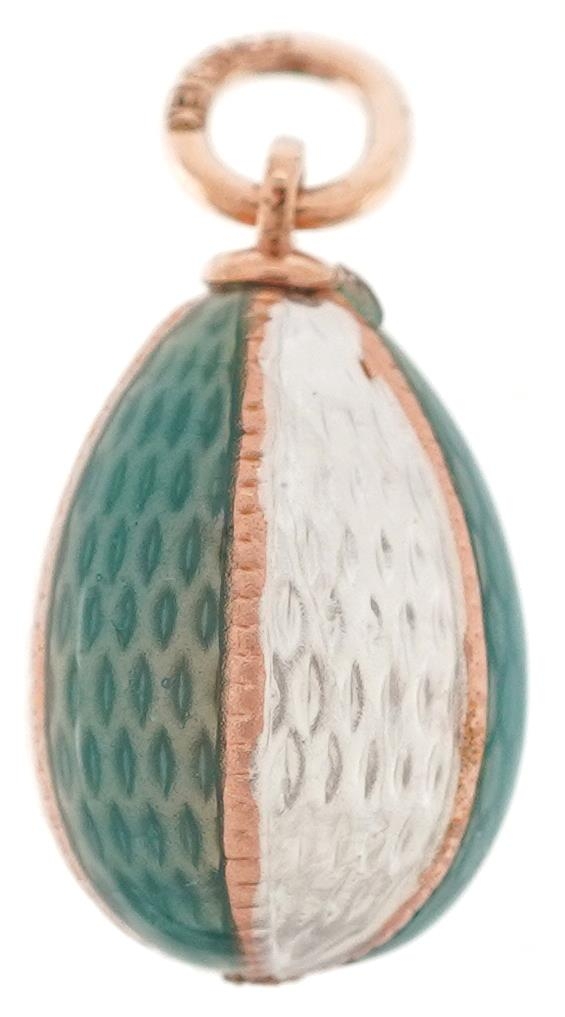 14ct gold blue and white guilloche enamel egg pendant, impressed Russian marks to the suspension - Image 2 of 3