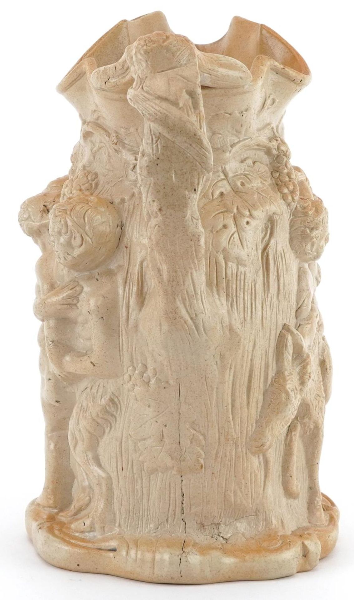 19th century salt glazed Greek mythological jug decorated in relief with Silenus & Bacchus, 22cm - Bild 5 aus 6