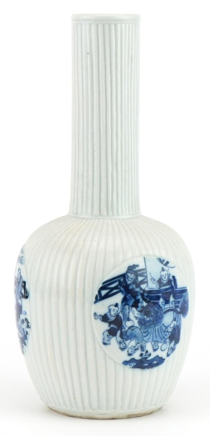 Chinese blue and white porcelain vase hand painted with three roundels of children playing in a - Image 2 of 6