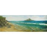 Panoramic coastal scene, early 20th century oil on canvas, framed, 167cm x 60.5cm excluding the
