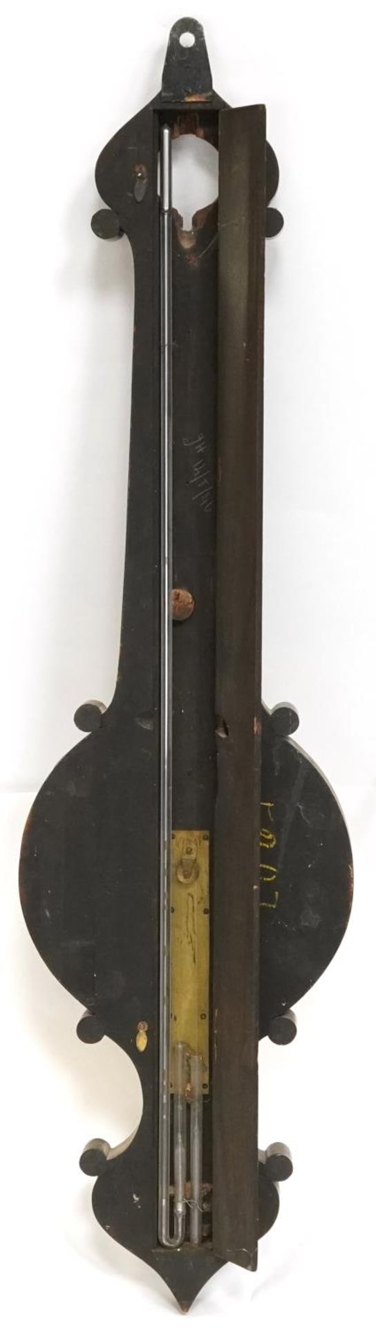Three 19th century mahogany wall barometers with thermometers, one with enamelled plaque, - Bild 15 aus 15
