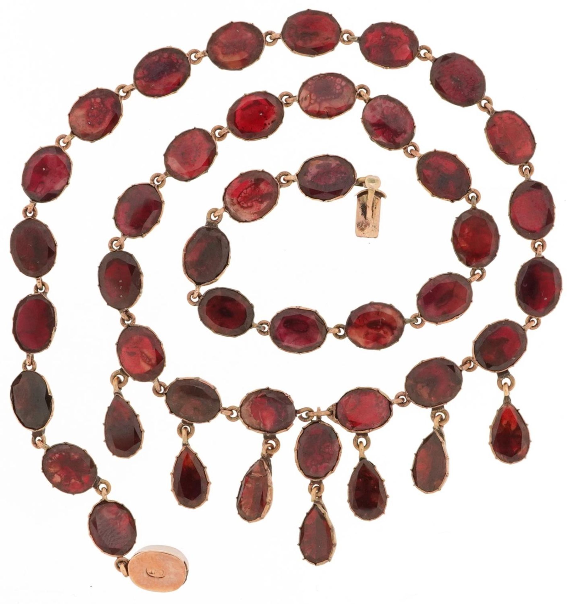 19th century rose gold oval garnet fringe necklace with closed foil backs, the clasp stamped 9KT, - Image 2 of 3