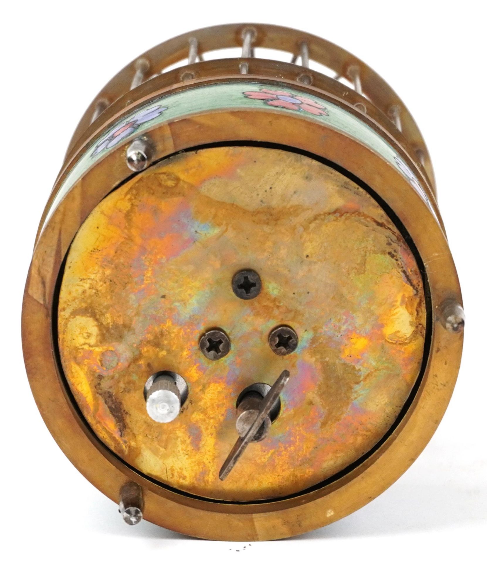 Clockwork automaton birdcage alarm clock with cloisonne band, 15.5cm high - Image 3 of 3