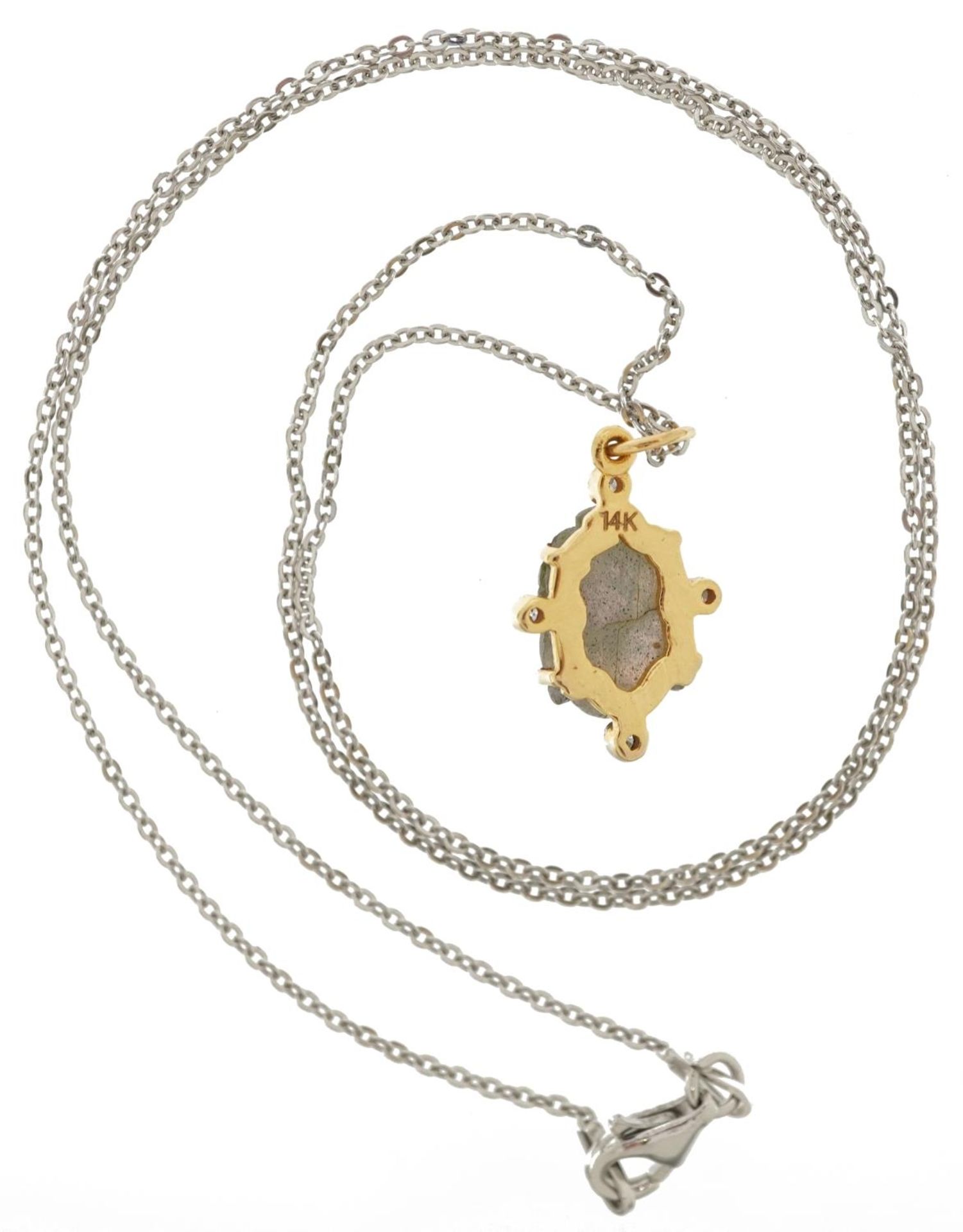 14ct gold diamond and carved labradorite pendant in the form of a Buddha head, on a silver necklace, - Image 5 of 5