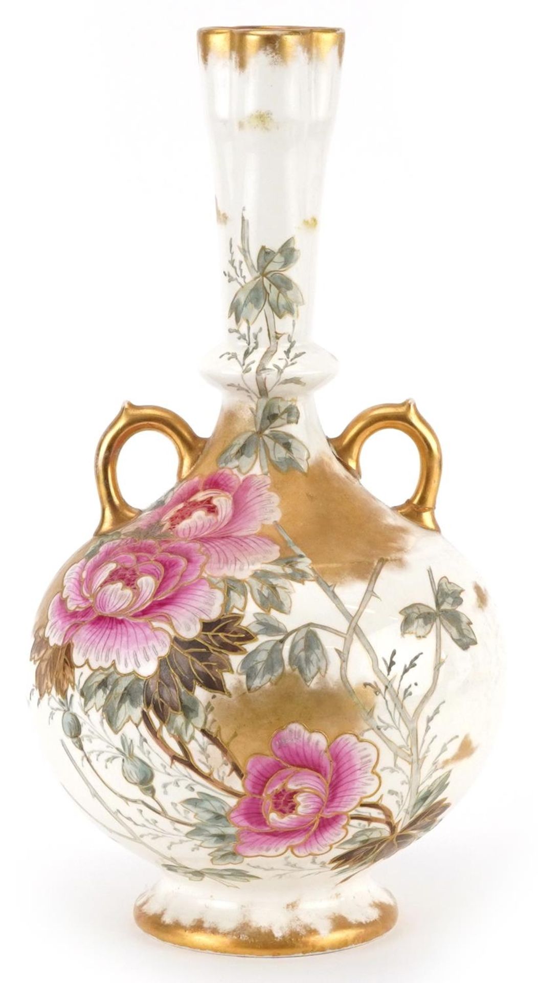 Bonn, 19th century German porcelain vase with twin handles hand painted and gilded with flowers,
