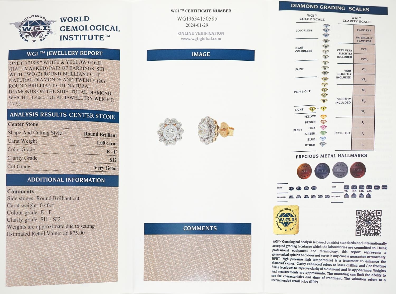 Pair of 18ct gold diamond cluster stud earrings with certificate, total diamond weight approximately - Image 3 of 4