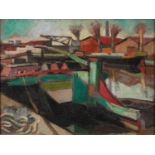 Albert Flocon - Abstract composition, canal scene, German school oil on canvas, details verso,