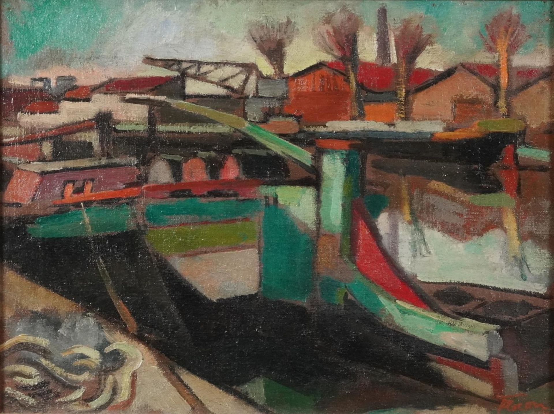 Albert Flocon - Abstract composition, canal scene, German school oil on canvas, details verso,